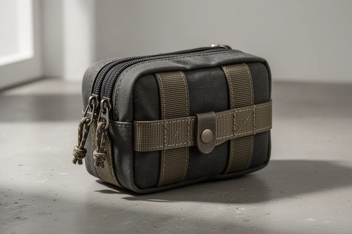 Compact dark nylon EDC organizer pouch with metal zippers on a concrete surface