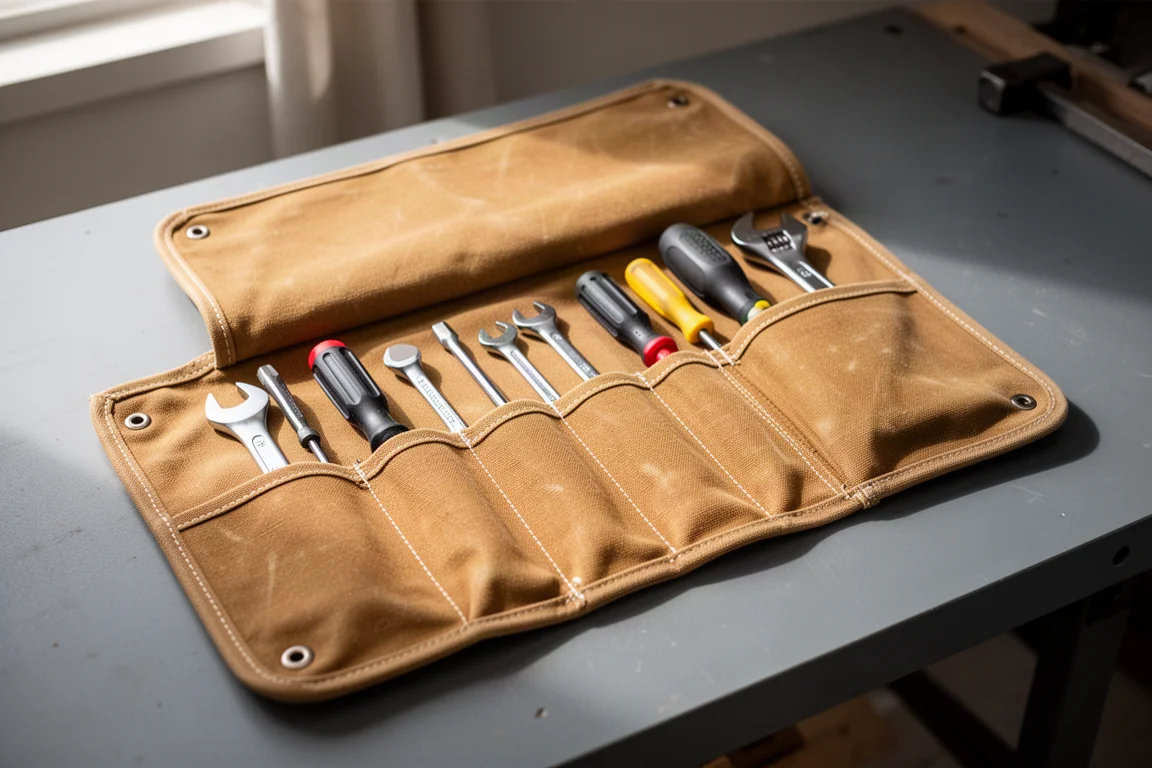 Portautensili in tela cerata aperto con anelli elastici e tasche che contengono attrezzi