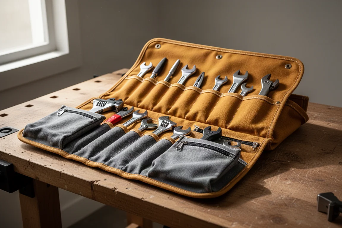 Ochre canvas tool roll partially unrolled on a wooden workbench showing pouches and tools