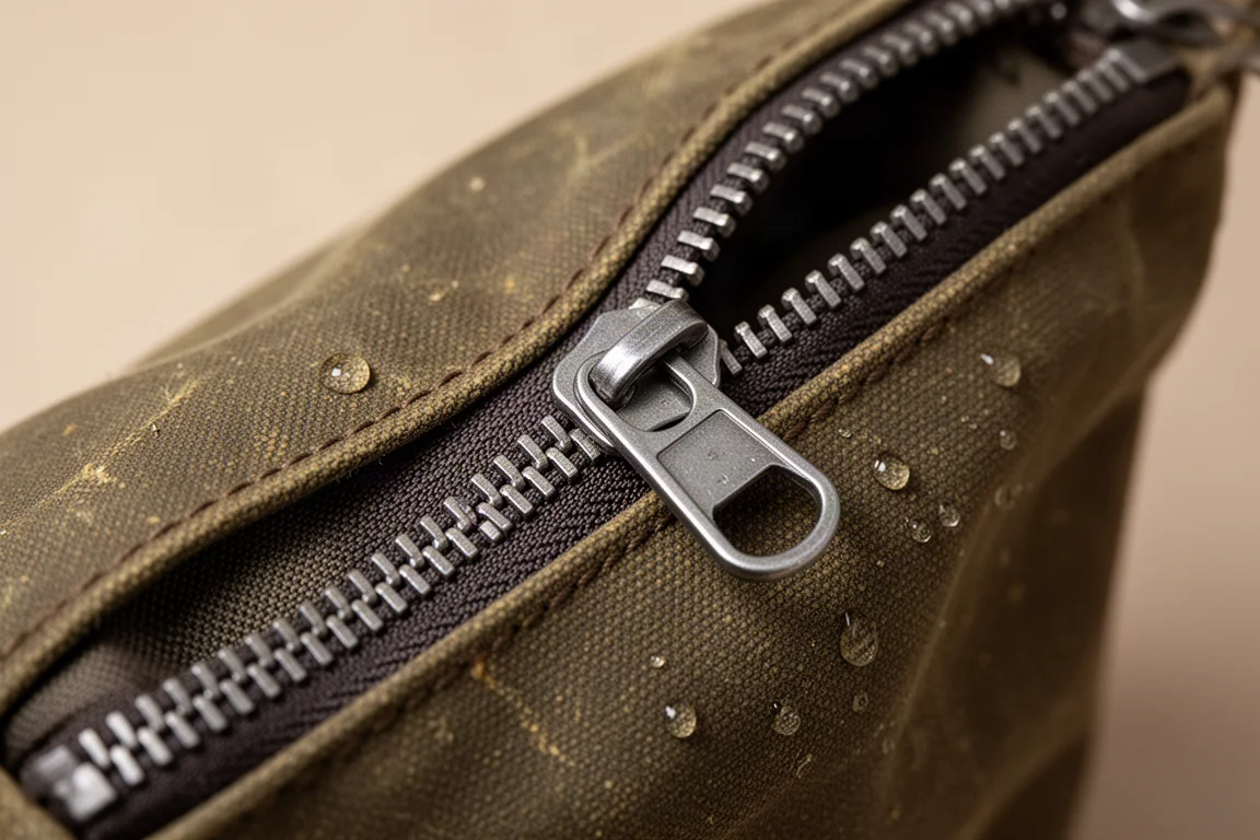 Nahaufnahme eines YKK-Reißverschlusses an einer Tasche aus gewachstem Canvas