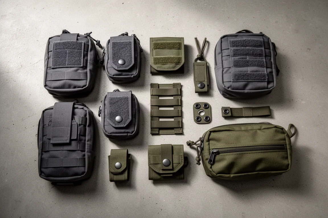 Tasche e accessori compatibili MOLLE disposti su un tavolo
