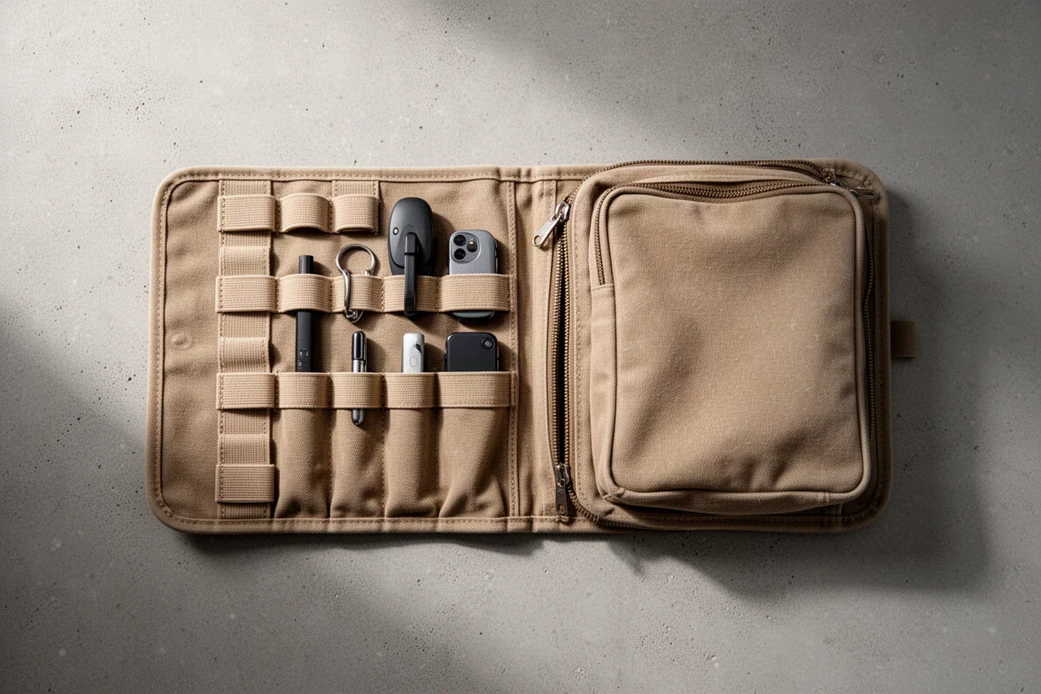 Tool roll en toile déroulé avec des élastiques et une grande pochette zippée