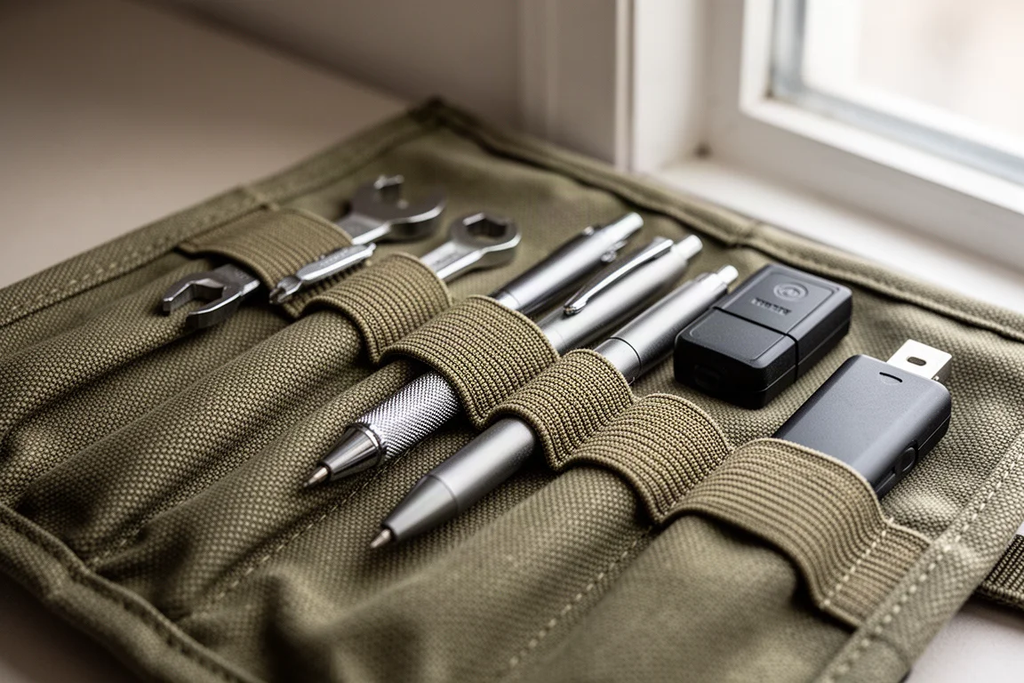 Gros plan sur des élastiques retenant de petits outils et accessoires