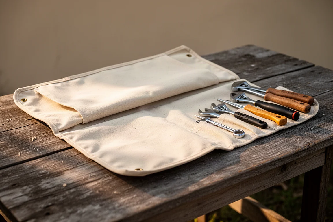 Tool roll en toile ouvert à plat pour former un plan de travail en extérieur
