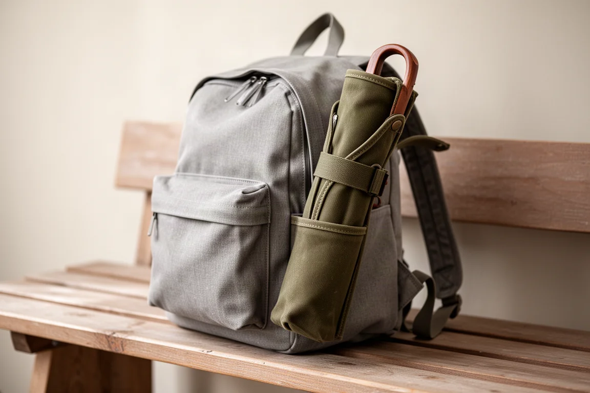 Tool roll en toile roulé glissé dans la poche latérale d'un sac à dos