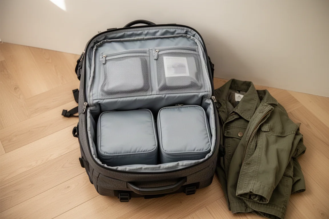 Sac à dos de voyage à ouverture par panneau entièrement ouvert montrant un grand compartiment principal