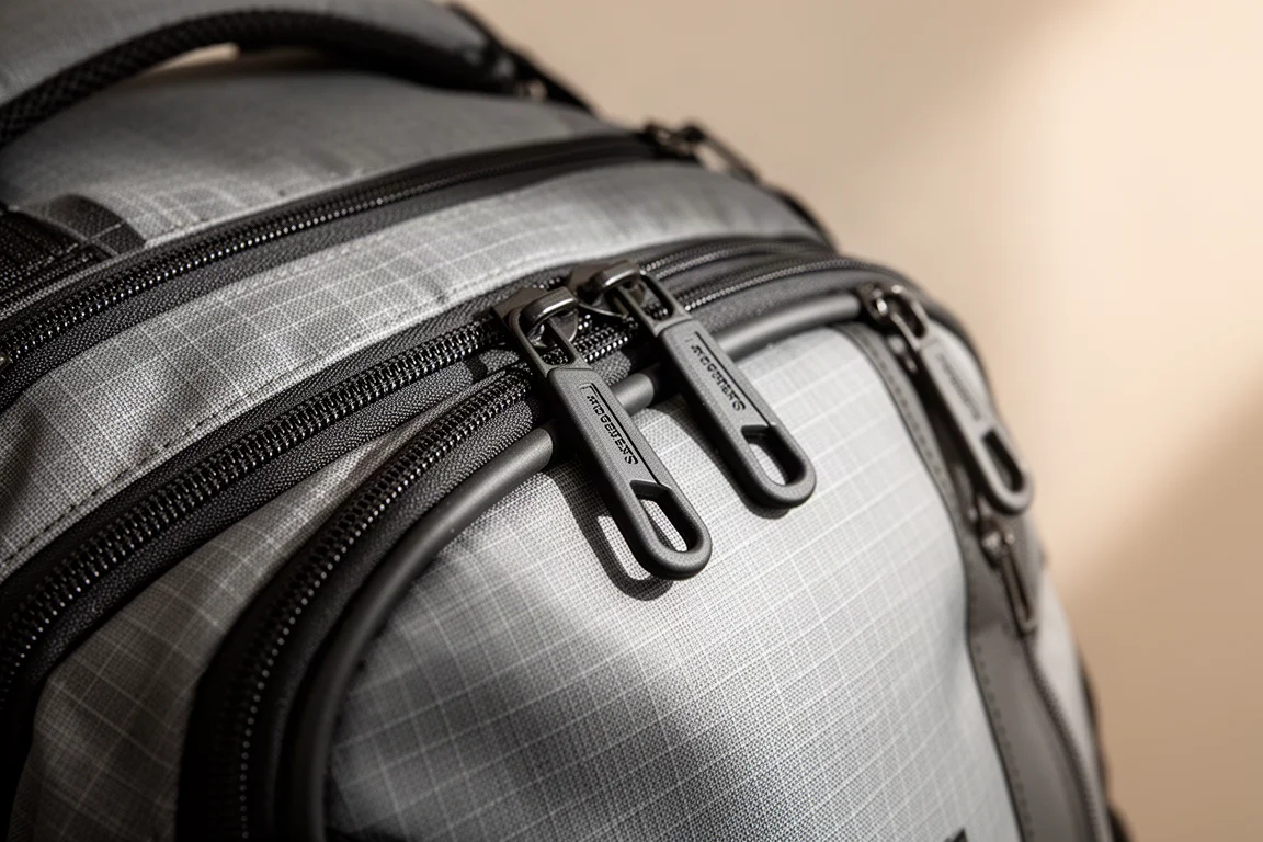 Gros plan sur des fermetures éclair robustes et un panneau en tissu gommé d'un sac à dos