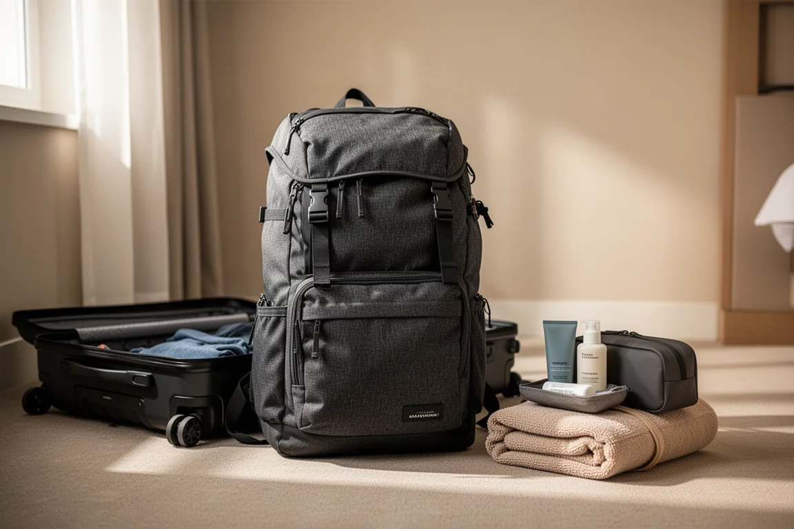 Voyageur préparant un sac de jour avec des cubes de rangement pour un week-end