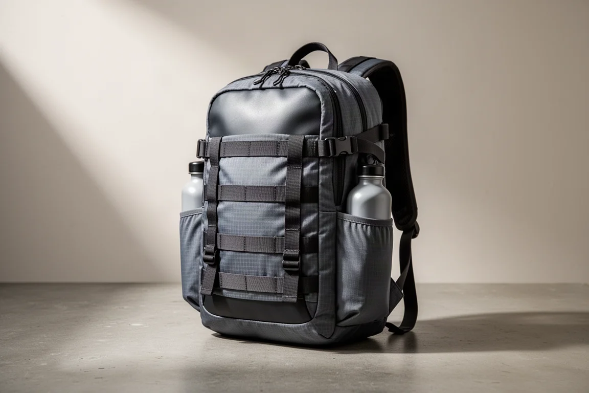 Roark Accomplice Mule 25 day pack standing upright on concrete surface