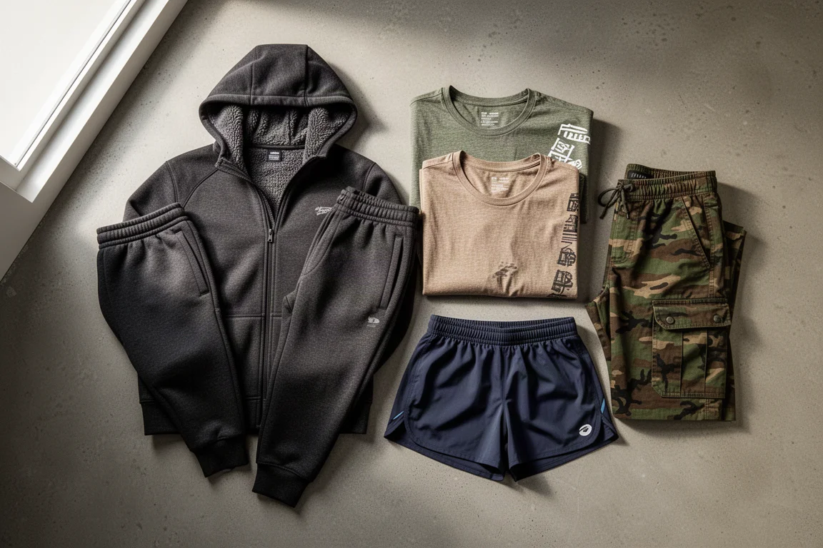 Flat-lay of Roark fall apparel including hoodie, joggers, tees, shorts, and camo cargo pants