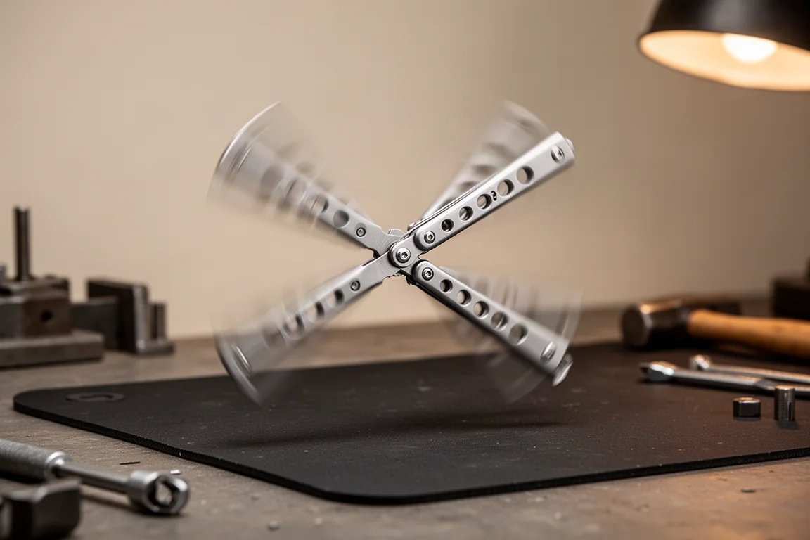 Gereedschap in balisong-stijl midden in een zwaai boven een werkbankmat