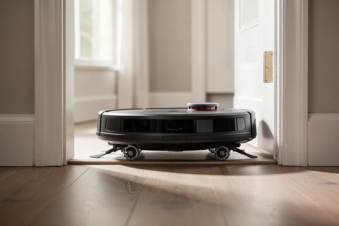 ドアの敷居を乗り越えるために車輪を持ち上げるロボット掃除機