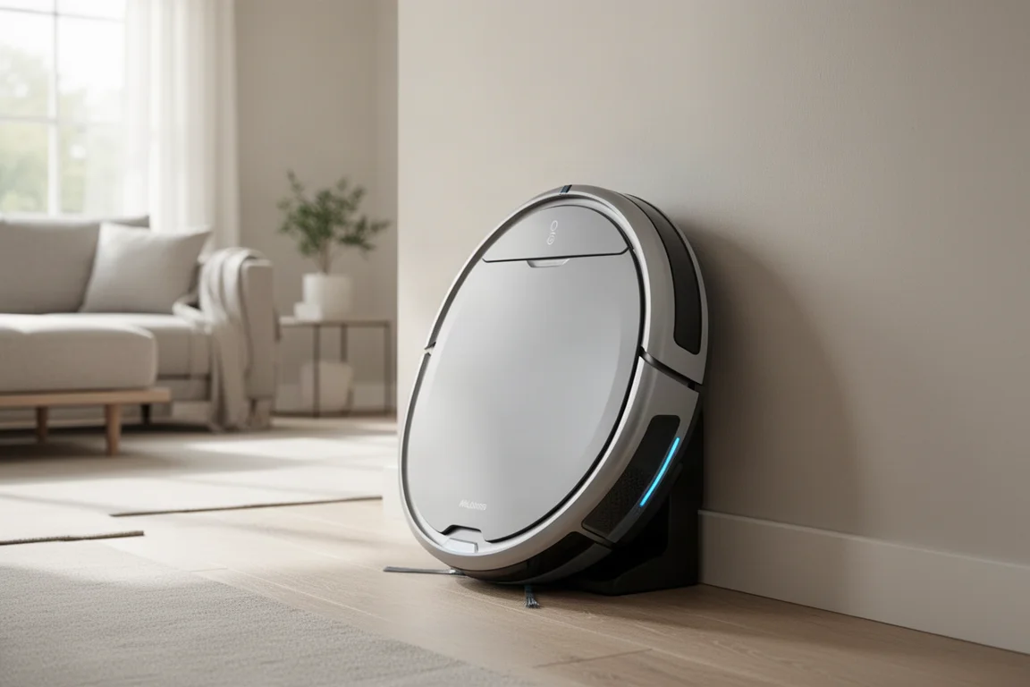 リビングルームにある未来的な曲線デザインのロボット掃除機ドック
