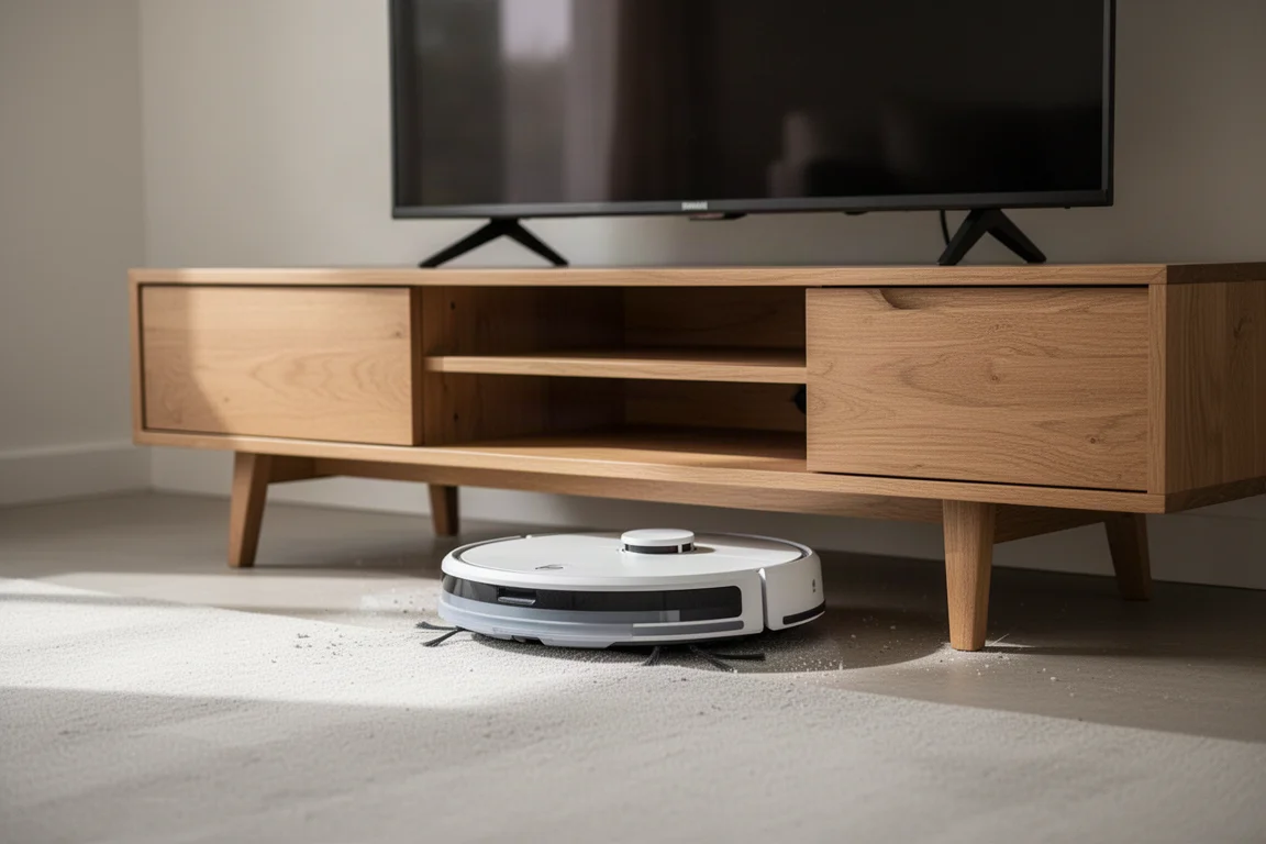 低いテレビ台の下を掃除するスリムなロボット掃除機