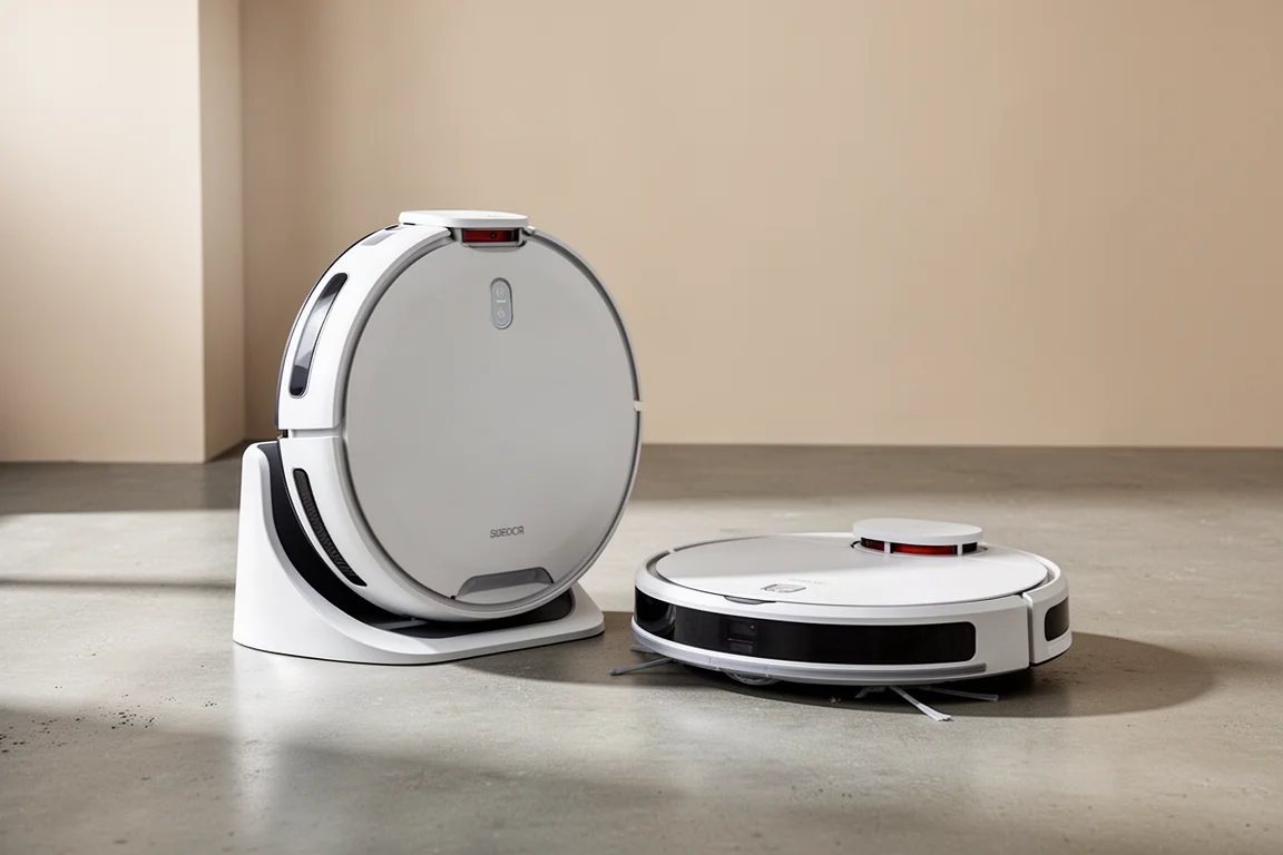 コンクリートの床に置かれたRoborock Q Revo CurveとQ Revo Slimのロボット掃除機