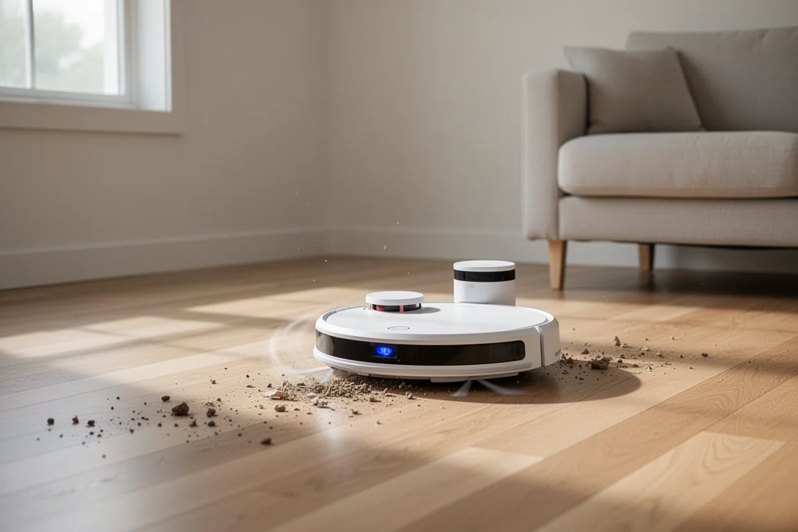 明るいリビングルームの無垢材フロアでゴミを掃除するロボット掃除機