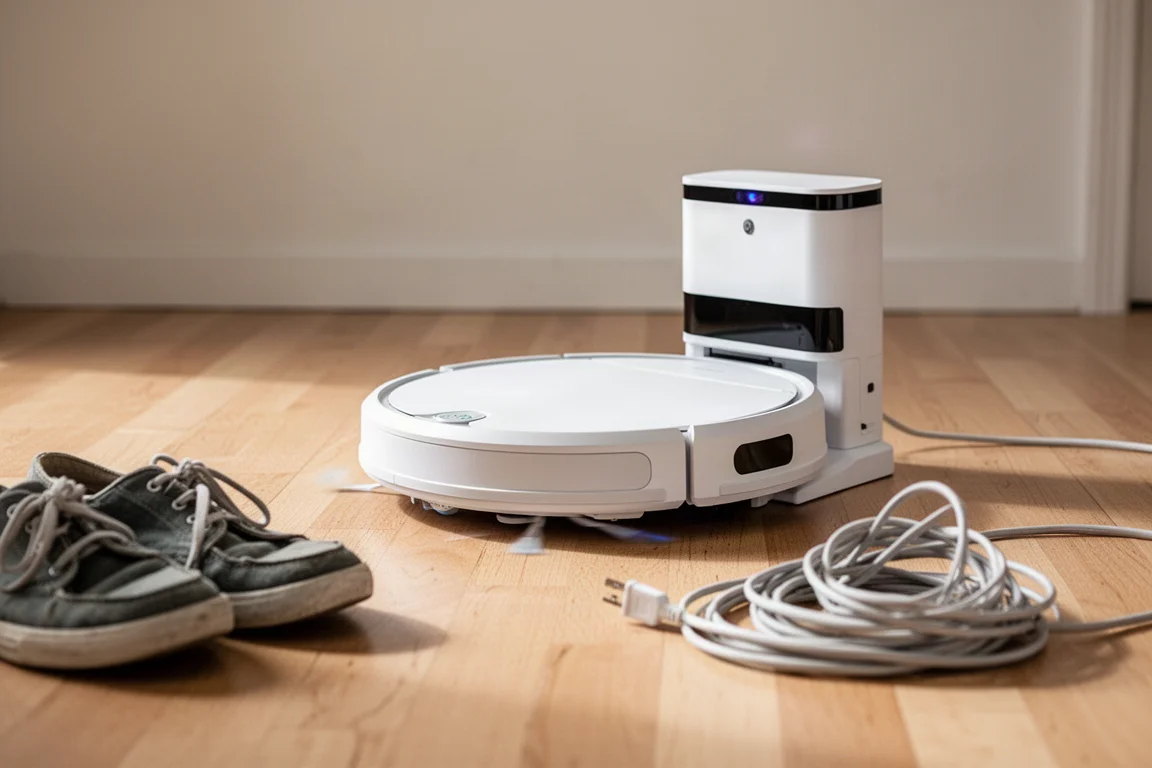 床の上の靴と電源コードの周りを移動するロボット掃除機