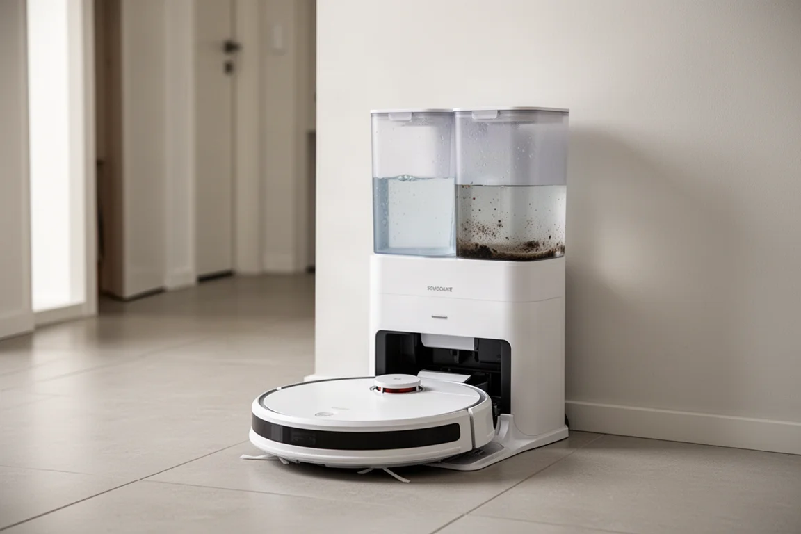 ベースステーションにドッキングし、清潔な水タンクと汚れた水タンクが見えるロボット掃除機