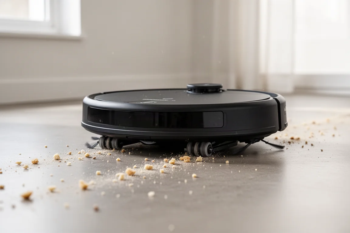 ロボット掃除機が硬い床を掃除しており、進路上にゴミが見える