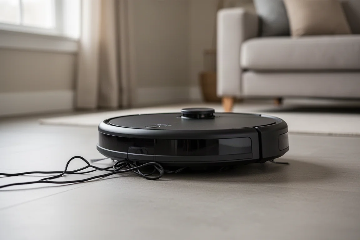 ロボット掃除機が硬い床の上の充電コードを回避しながら移動している様子