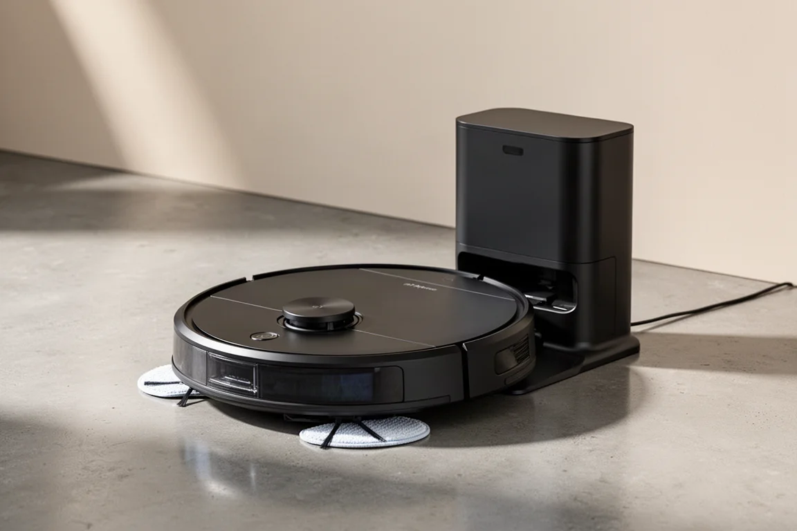 磨かれたコンクリートの床の上にある Roborock Q5 Pro+ ロボット掃除機とドッキングステーション