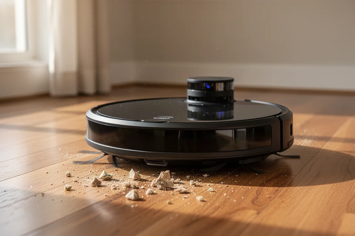 Robot aspirateur nettoyant un sol en bois franc avec des débris devant lui