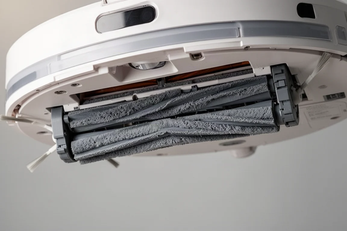 Gros plan sur les doubles rouleaux en caoutchouc sous un robot aspirateur