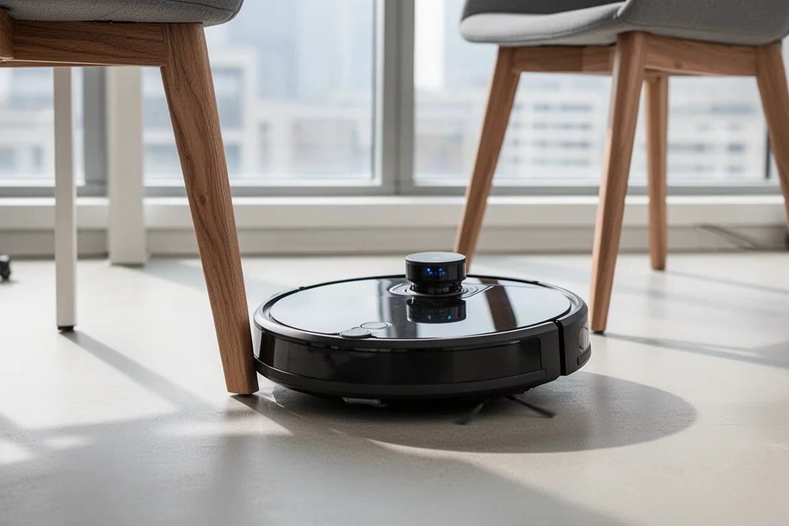 Robot aspirateur contournant un pied de chaise dans un espace de bureau lumineux