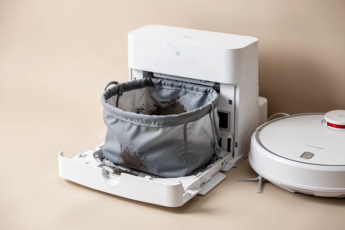 Station d'accueil de robot aspirateur avec un grand sac à débris visible à l'intérieur
