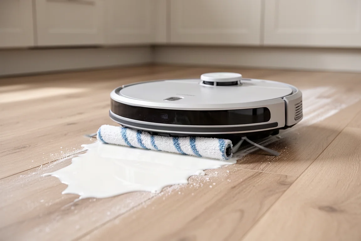 Robotdammsugare med rullmopp rengör ett mjölkspill på ett köksgolv