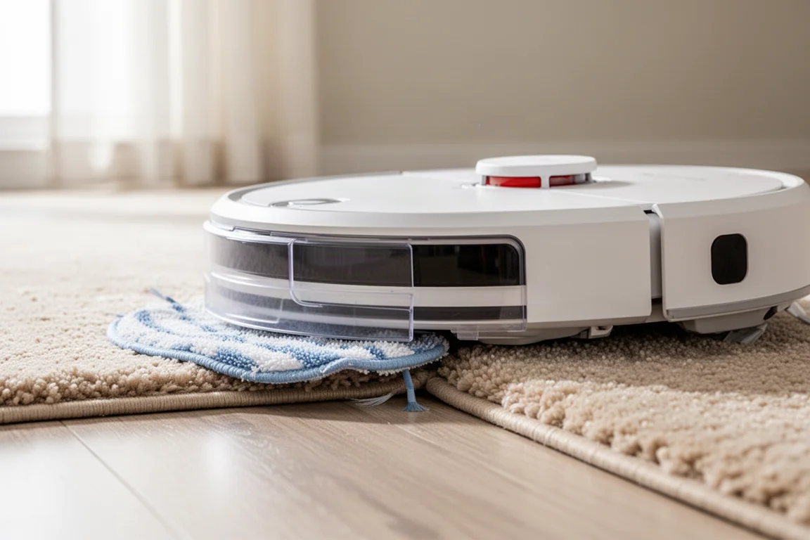 Robotdammsugare lyfter sin rullmopp och täcker den med en sköld på matta