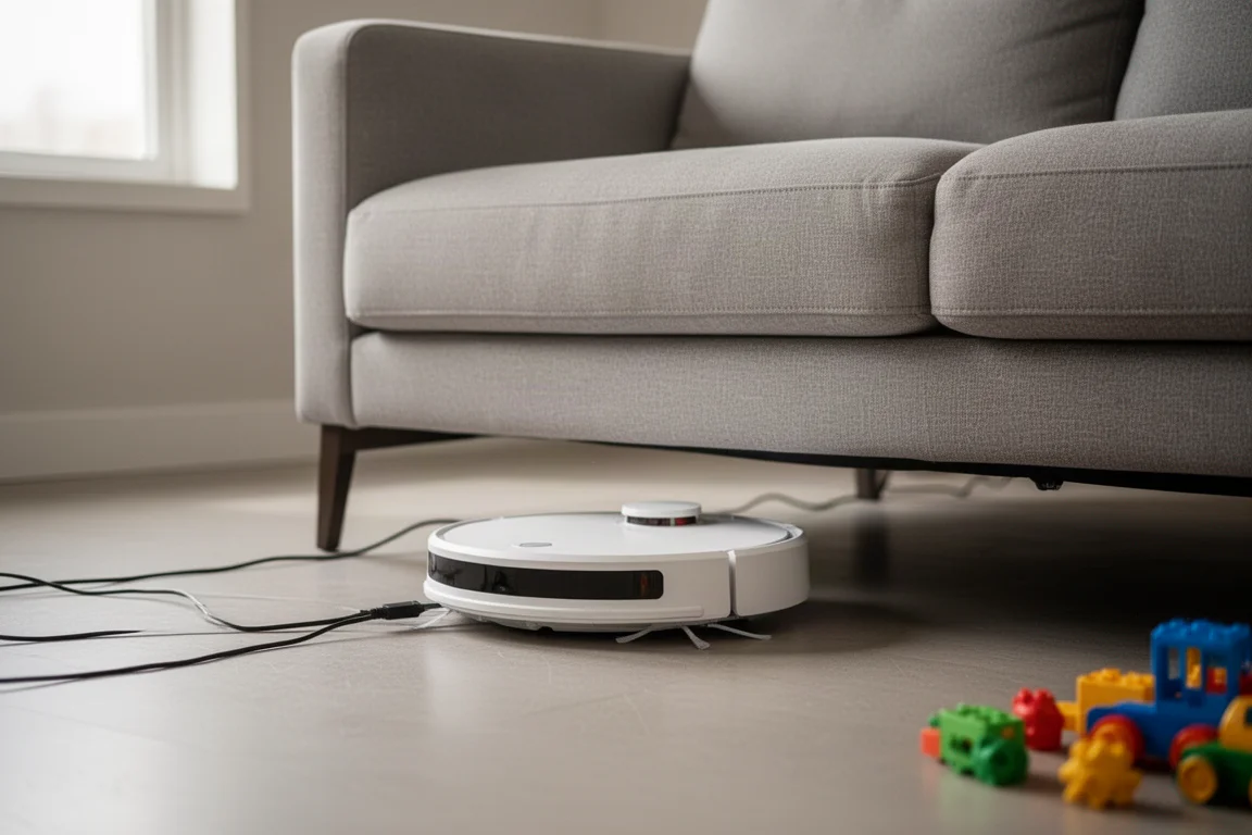 Robot aspirador navegando debajo de un sofá con cables y juguetes en el suelo cercanos