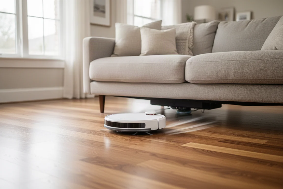 Robot vacuum cleaning a living room floor with low-clearance furniture