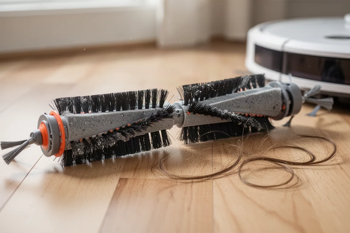 Close-up of robot vacuum main brush with separated center and bristles