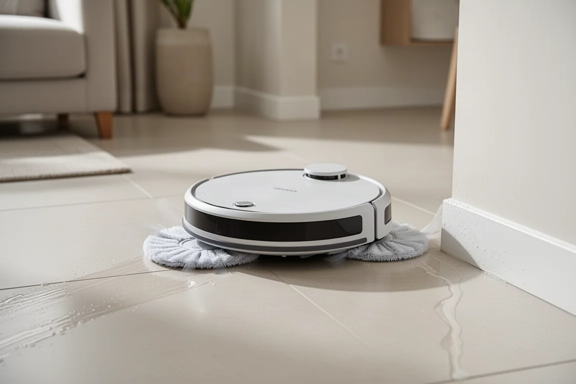 Robot vacuum mopping a hard floor with dual spinning mop pads