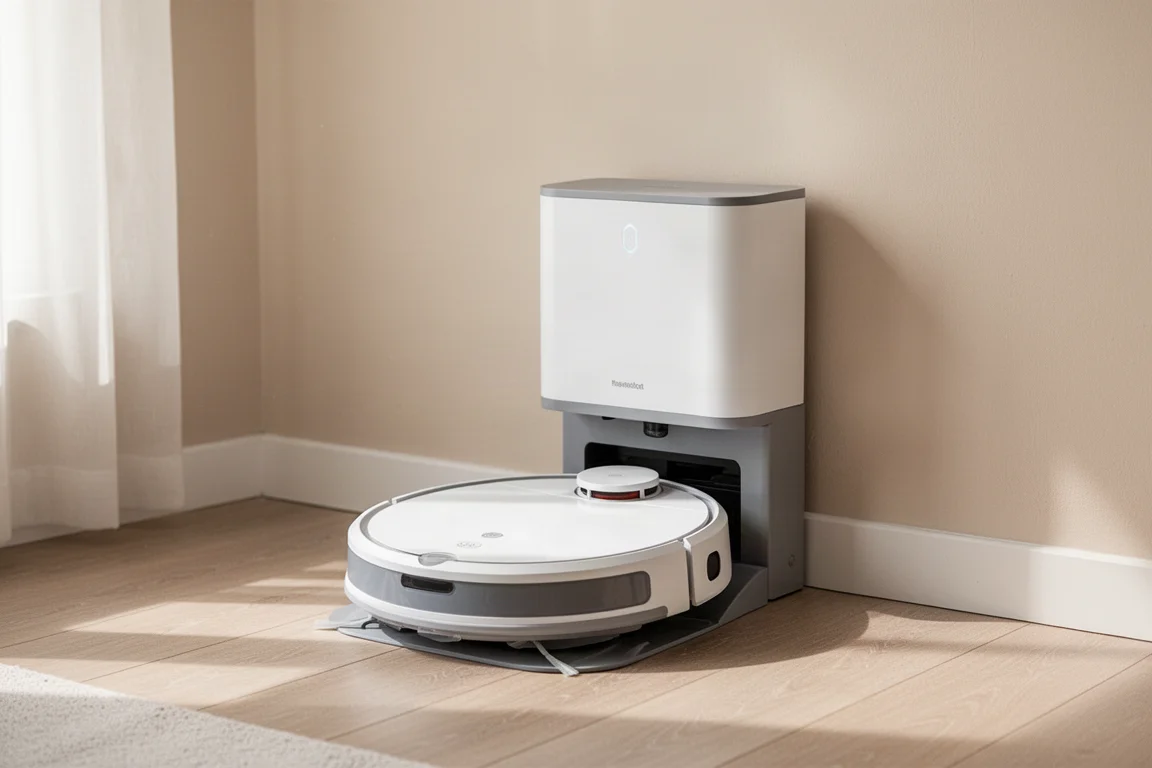 Robot vacuum dock with mop washing and drying station in a modern home