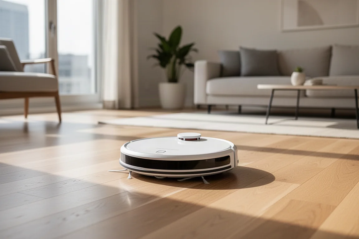 Robot vacuum cleaning a hardwood floor in a bright modern living room