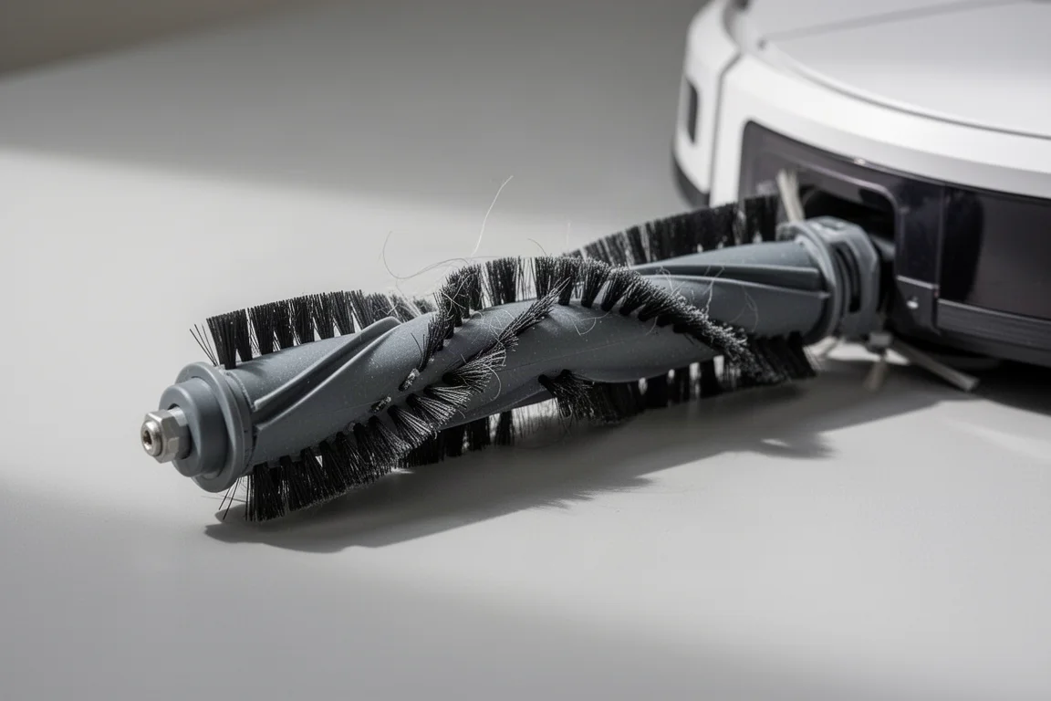 Close-up of robot vacuum brush roll with no tangled hair