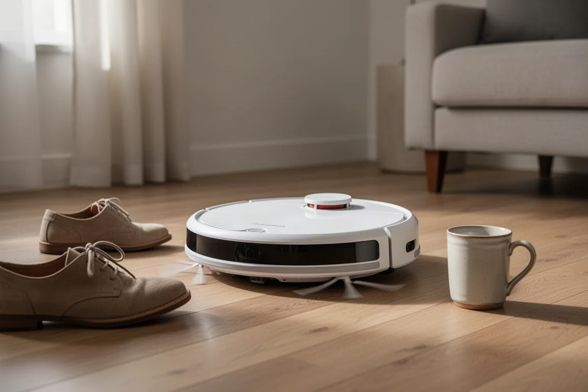 Robot vacuum navigating around a shoe and mug on a floor