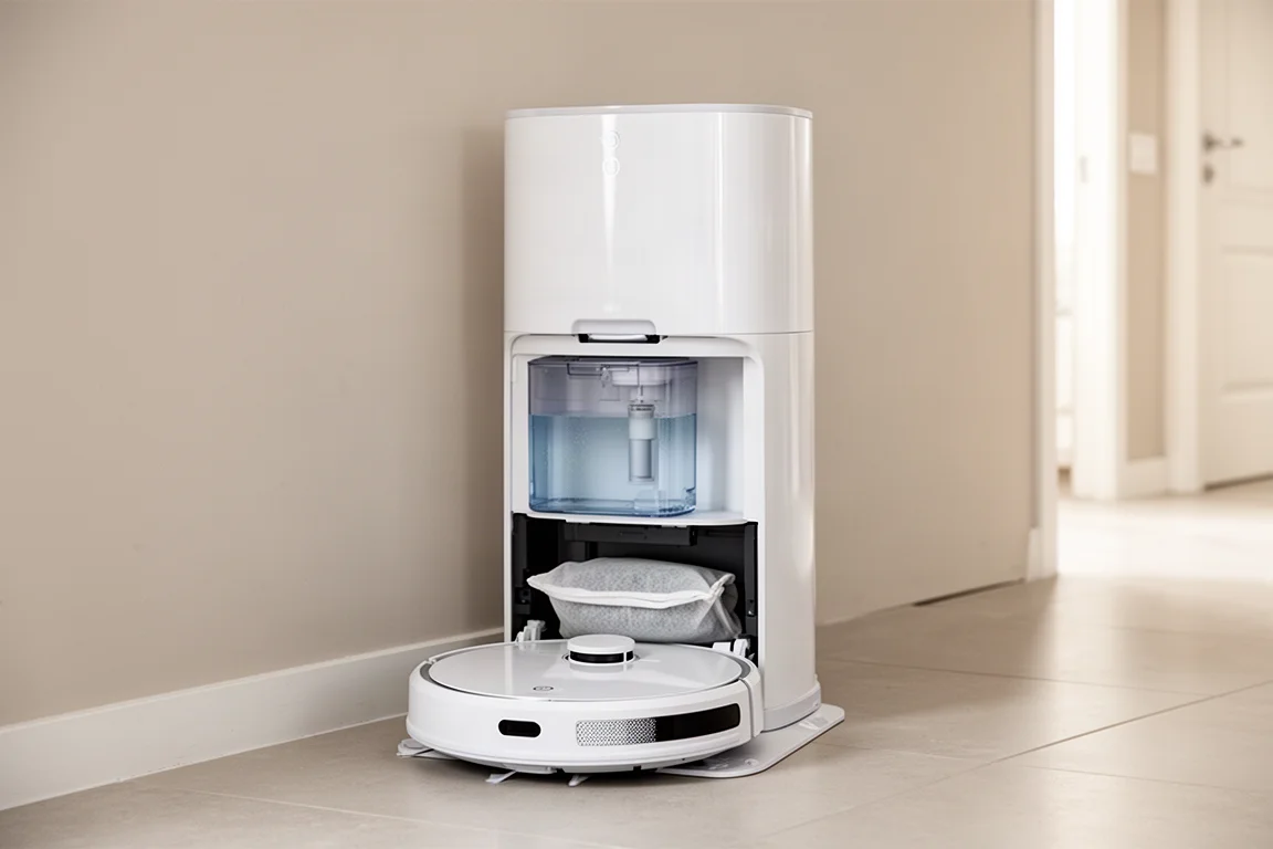 Robot vacuum docking station with clean water tank and dust bag