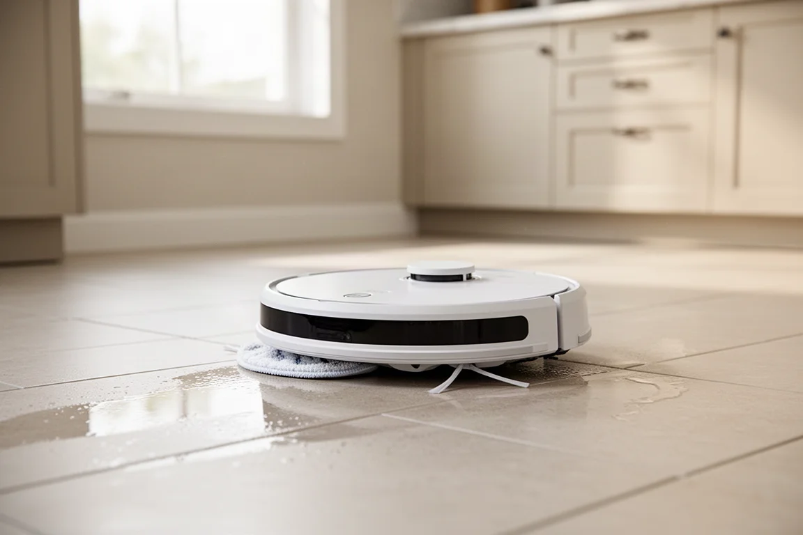 Robot aspirateur lavant le sol lumineux d'une cuisine avec une serpillière humide
