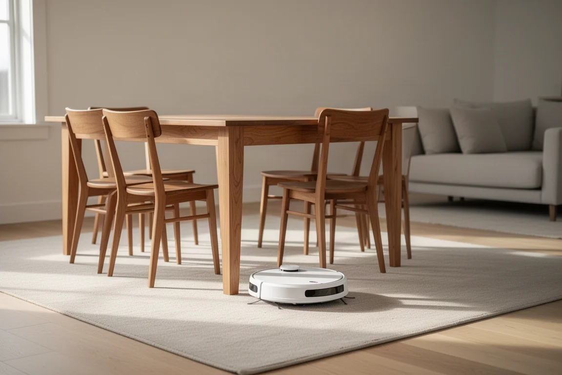 Robot aspirateur nettoyant autour d'une table dans un salon familial