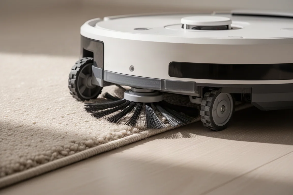Robot aspirateur passant d'un sol dur à la moquette