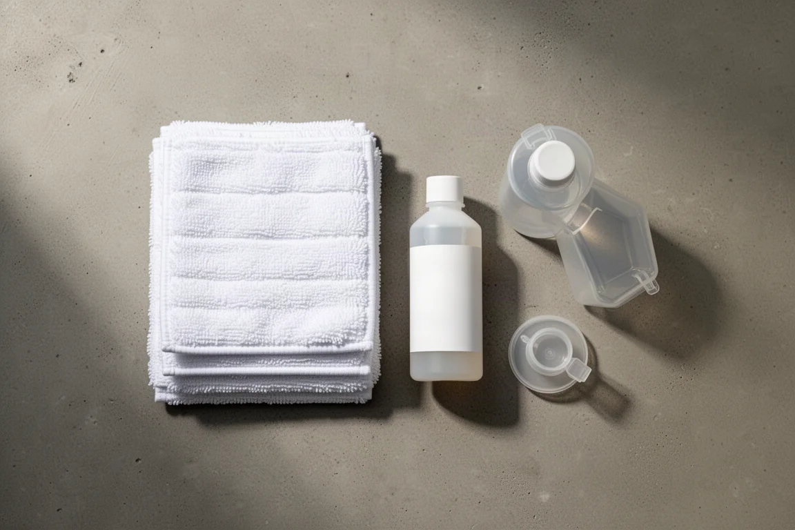 Pile de serpillières de rechange et petite bouteille de nettoyant sur un plan de travail
