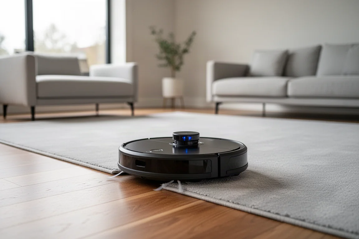 Robot vacuum cleaning a modern living room floor with hardwood and an area rug