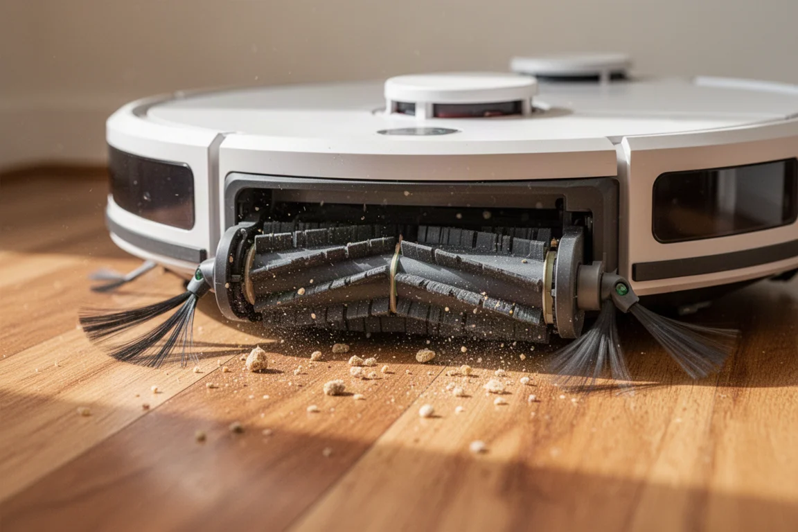 Close-up of robot vacuum dual rubber rollers picking up debris from a hardwood floor