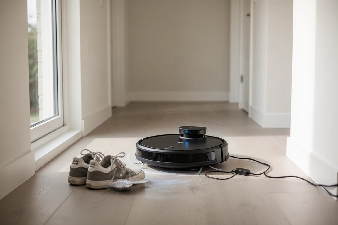 Robot vacuum navigating around a pair of shoes and a cable on a hallway floor