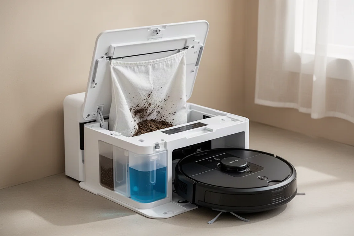 Robot vacuum docking station with open lid revealing a large debris bag and water tanks