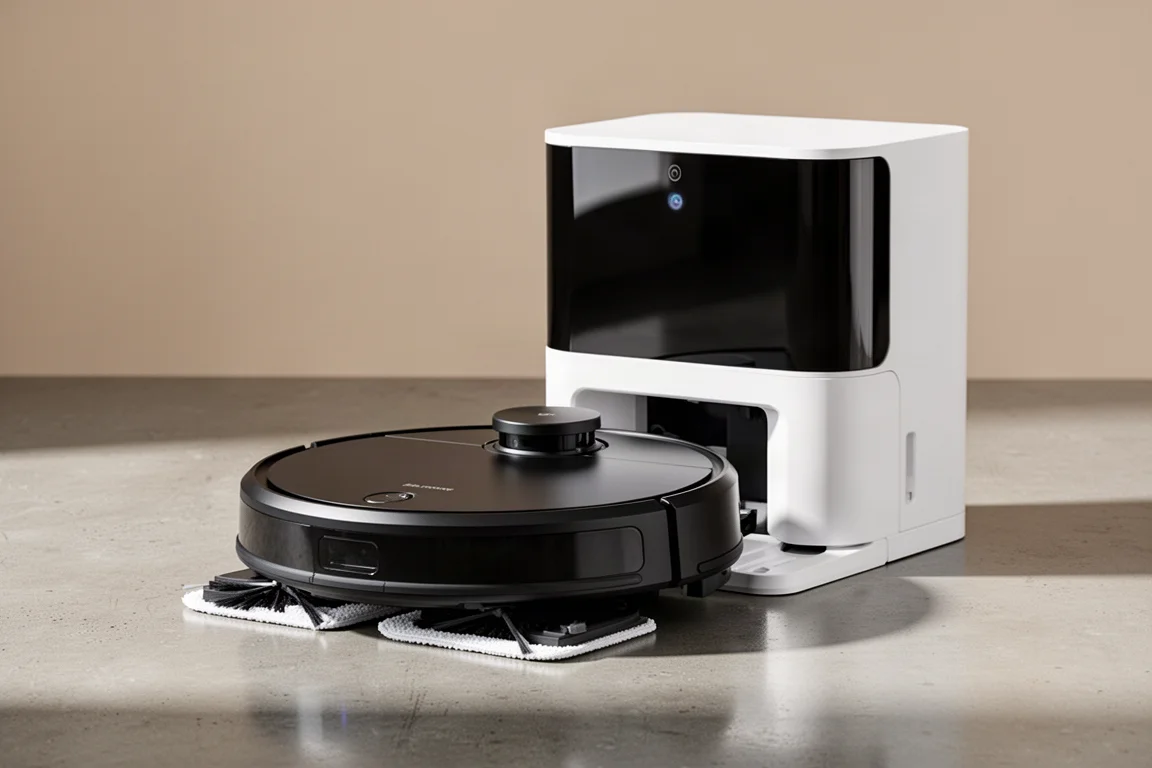 コンクリートの床に置かれた白いドッキングステーションの前に立つRoborock S8 MaxV Ultraロボット掃除機