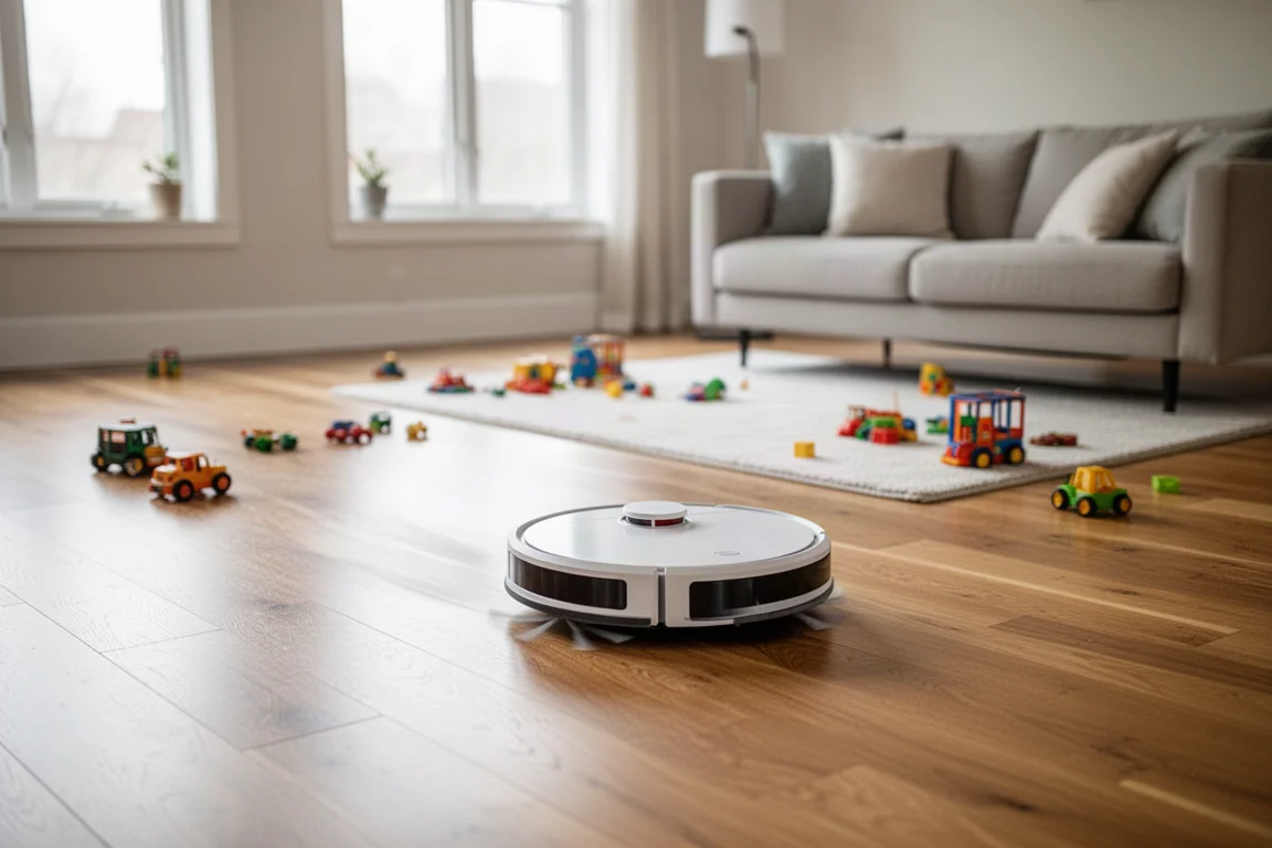 Modern living room floor with scattered toys and a robot vacuum cleaning around them